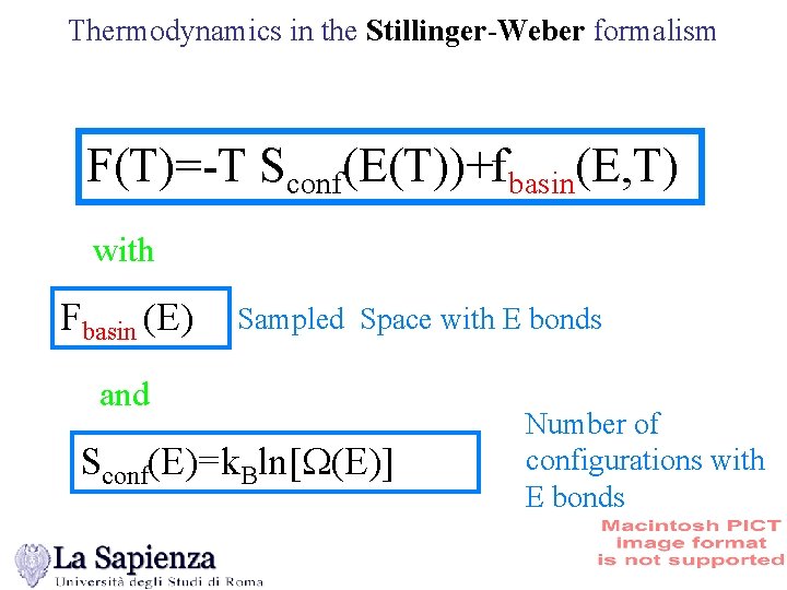 Thermodynamics in the Stillinger-Weber formalism F(T)=-T Sconf(E(T))+fbasin(E, T) with Fbasin (E) Sampled Space with