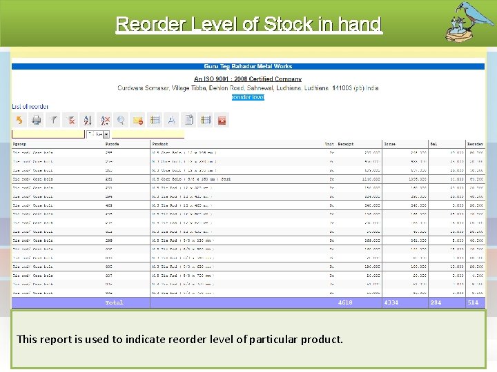 Reorder Level of Stock in hand This report is used to indicate reorder level