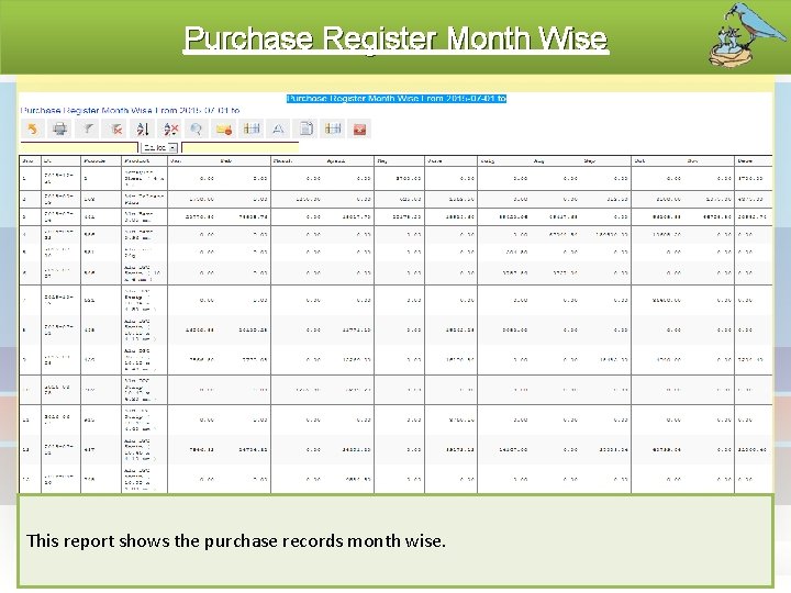 Purchase Register Month Wise This report shows the purchase records month wise. 