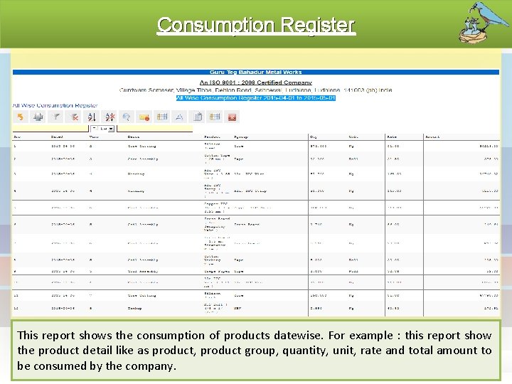 Consumption Register This report shows the consumption of products datewise. For example : this