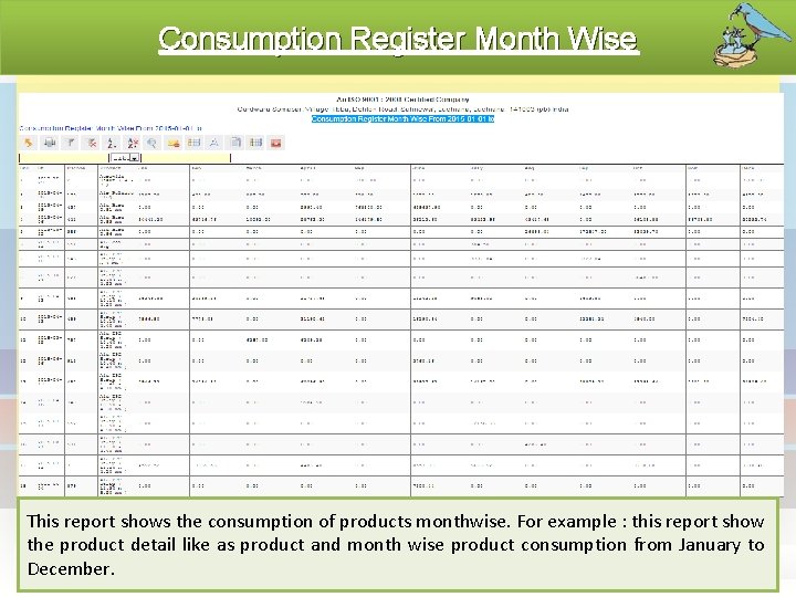 Consumption Register Month Wise This report shows the consumption of products monthwise. For example