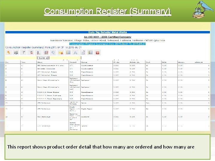 Consumption Register (Summary) This report shows product order detail that how many are ordered