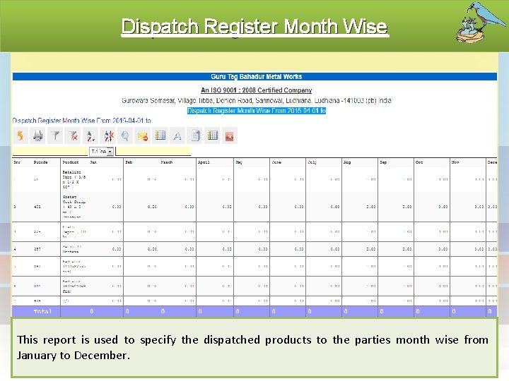 Dispatch Register Month Wise This report is used to specify the dispatched products to