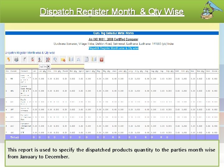 Dispatch Register Month & Qty Wise This report is used to specify the dispatched