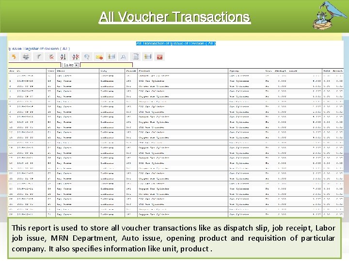 All Voucher Transactions This report is used to store all voucher transactions like as