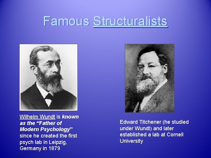 Famous Structuralists Wilhelm Wundt is known as the “Father of Modern Psychology” since he