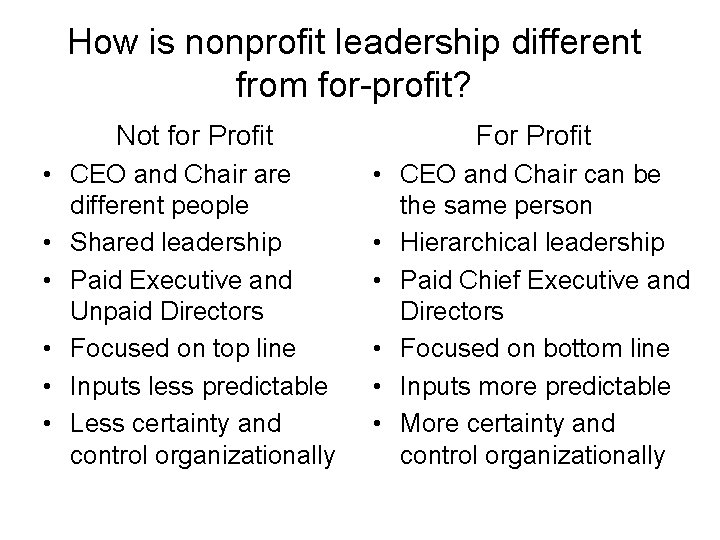 How is nonprofit leadership different from for-profit? Not for Profit For Profit • CEO