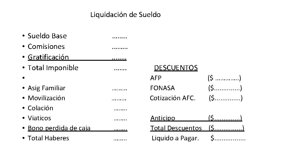 Liquidación de Sueldo • • • Sueldo Base Comisiones Gratificación Total Imponible Asig Familiar