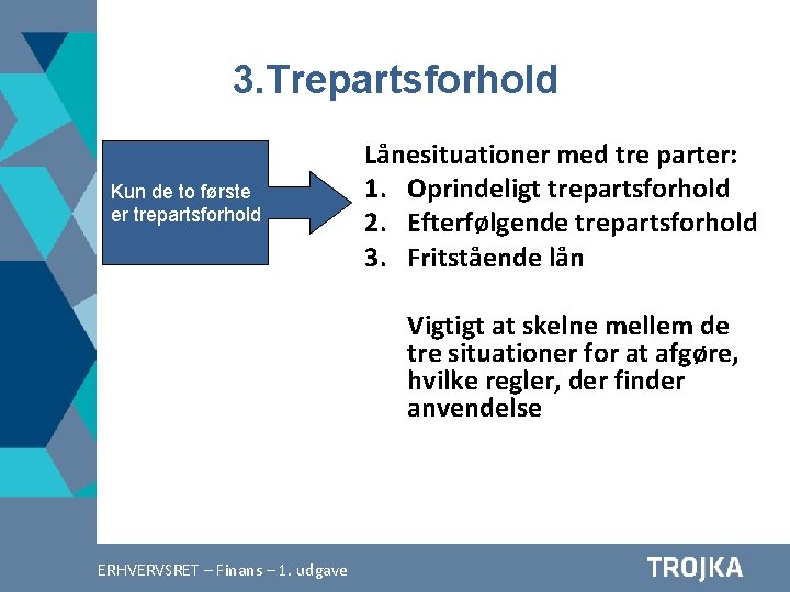 3. Trepartsforhold Kun de to første er trepartsforhold Lånesituationer med tre parter: 1. Oprindeligt