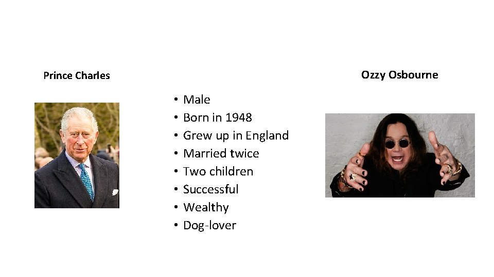 Ozzy Osbourne Prince Charles • • Male Born in 1948 Grew up in England Ozzy Osbourne Prince Charles • • Male Born in 1948 Grew up in England