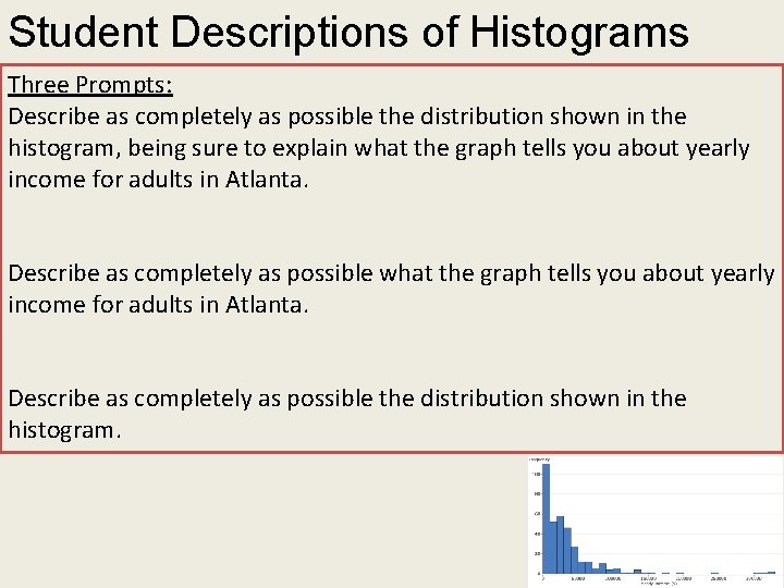 Student Descriptions of Histograms Three Prompts: Describe as completely as possible the distribution shown