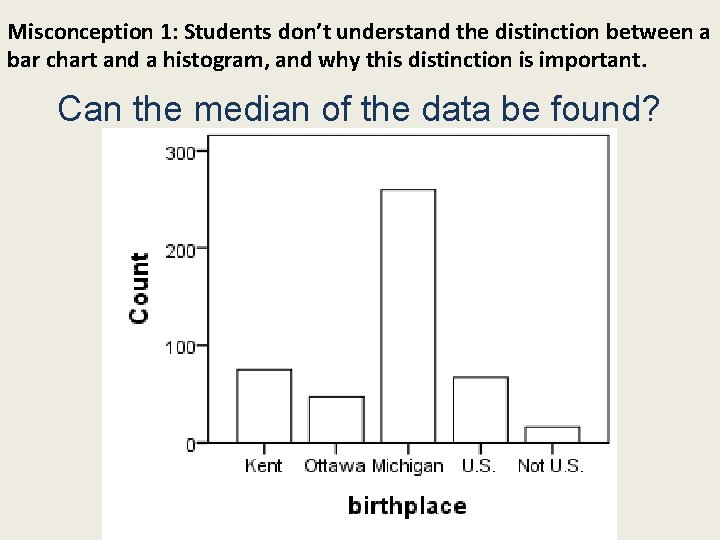 Misconception 1: Students don’t understand the distinction between a bar chart and a histogram,