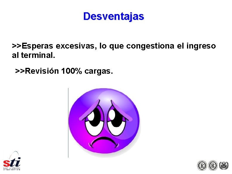 Desventajas >>Esperas excesivas, lo que congestiona el ingreso al terminal. >>Revisión 100% cargas. Desventajas >>Esperas excesivas, lo que congestiona el ingreso al terminal. >>Revisión 100% cargas.