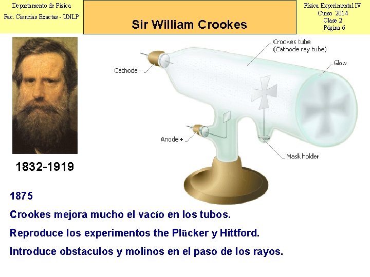 Departamento de Física Fac. Ciencias Exactas - UNLP Sir William Crookes 1832 -1919 1875