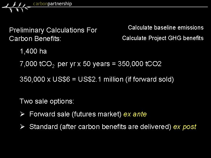 Define Eligible Area Preliminary Calculations For Carbon Benefits: 1, 400 ha Calculate baseline emissions