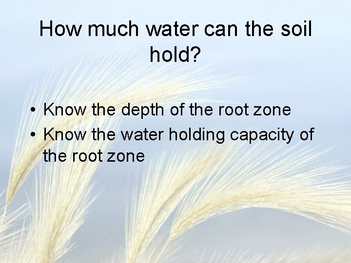 How much water can the soil hold? • Know the depth of the root