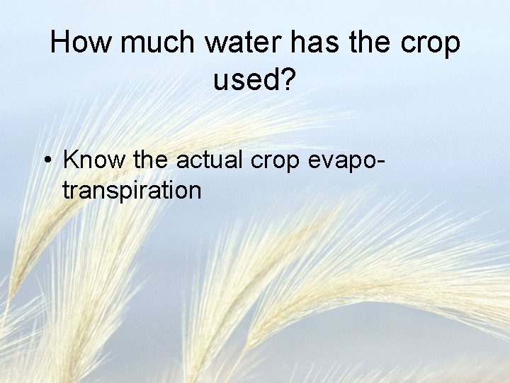 How much water has the crop used? • Know the actual crop evapotranspiration 