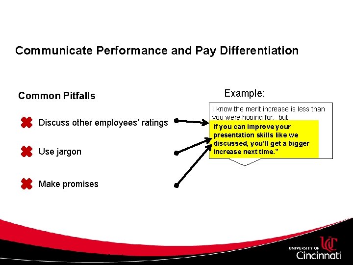 Communicate Performance and Pay Differentiation Common Pitfalls Discuss other employees’ ratings Use jargon Example: Communicate Performance and Pay Differentiation Common Pitfalls Discuss other employees’ ratings Use jargon Example: