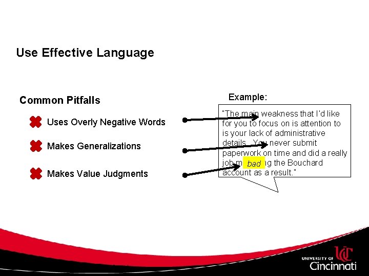 Use Effective Language Common Pitfalls Uses Overly Negative Words Makes Generalizations Makes Value Judgments Use Effective Language Common Pitfalls Uses Overly Negative Words Makes Generalizations Makes Value Judgments