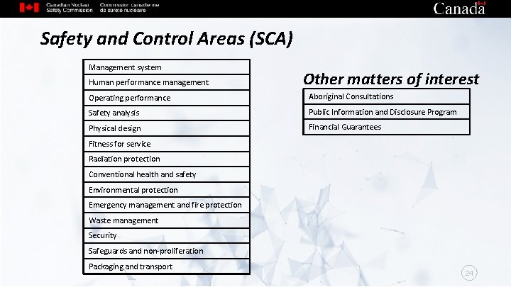 Safety and Control Areas (SCA) Management system Human performance management Other matters of interest