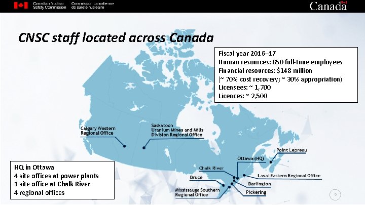 CNSC staff located across Canada Fiscal year 2016– 17 Human resources: 850 full-time employees