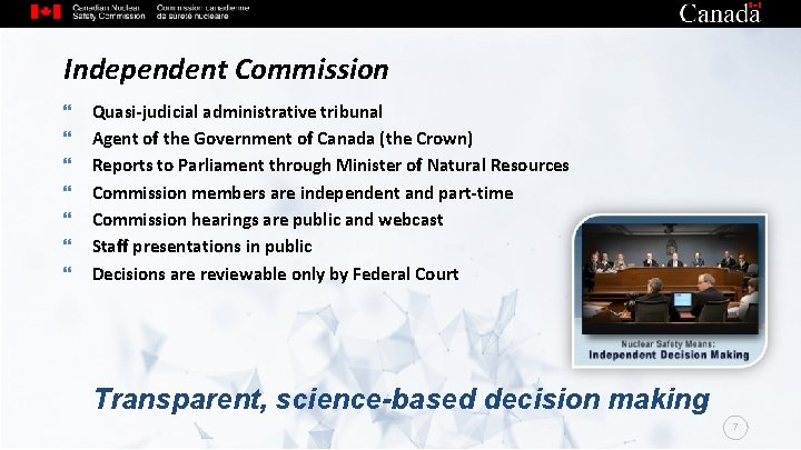 Independent Commission Quasi-judicial administrative tribunal Agent of the Government of Canada (the Crown) Reports