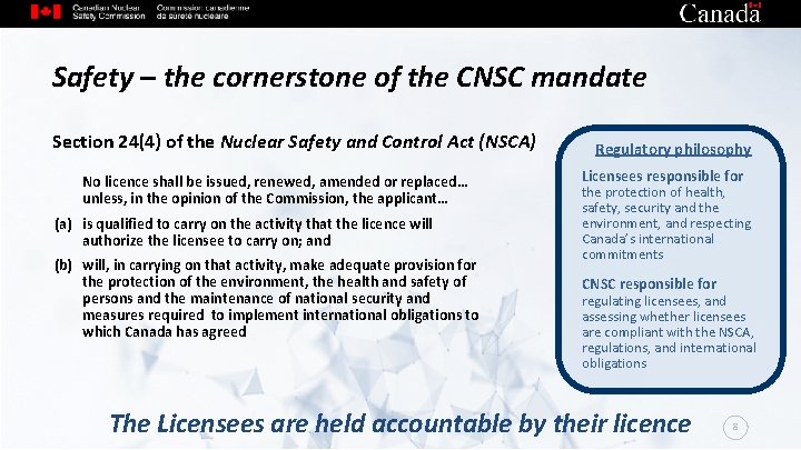 Safety – the cornerstone of the CNSC mandate Section 24(4) of the Nuclear Safety