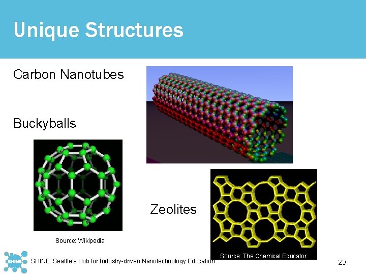 Unique Structures Carbon Nanotubes Buckyballs Source: Wikipedia Zeolites Source: Wikipedia SHINE: Seattle’s Hub for