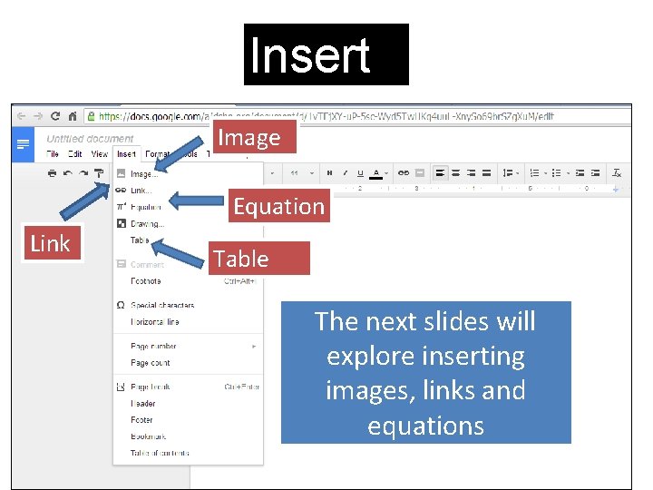 Insert Image Equation Link Table The next slides will explore inserting images, links and