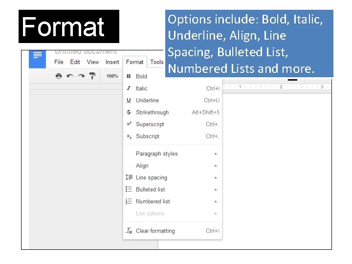 Format Options include: Bold, Italic, Underline, Align, Line Spacing, Bulleted List, Numbered Lists and