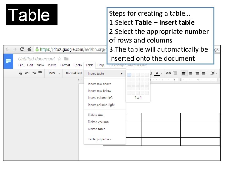 Table Steps for creating a table… 1. Select Table – Insert table 2. Select