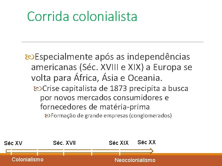 Corrida colonialista Especialmente após as independências americanas (Séc. XVIII e XIX) a Europa se