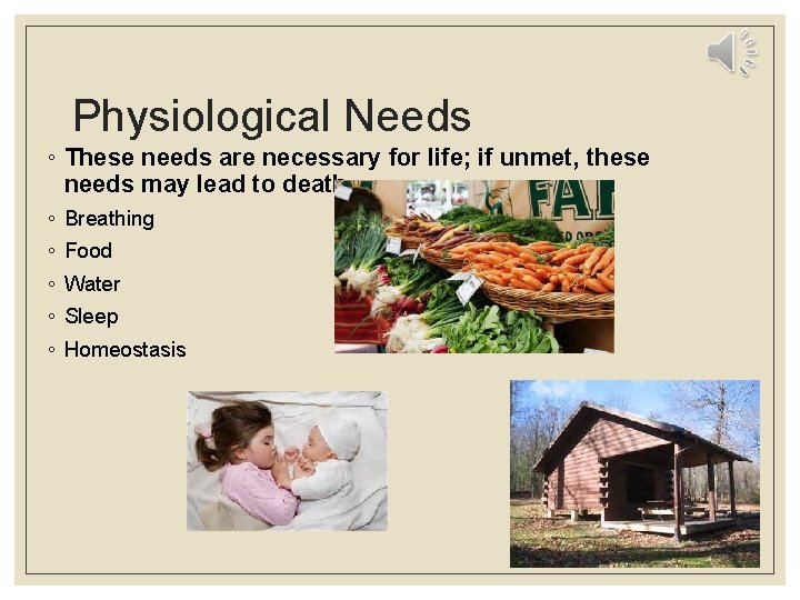 Physiological Needs ◦ These needs are necessary for life; if unmet, these needs may