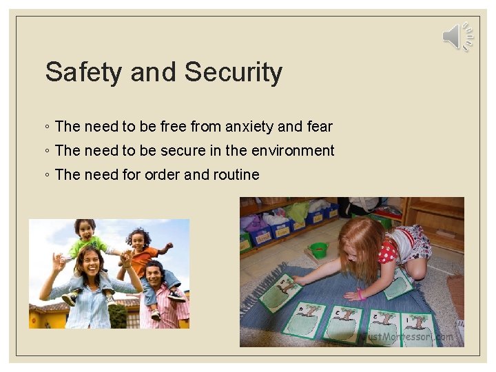 Safety and Security ◦ The need to be free from anxiety and fear ◦