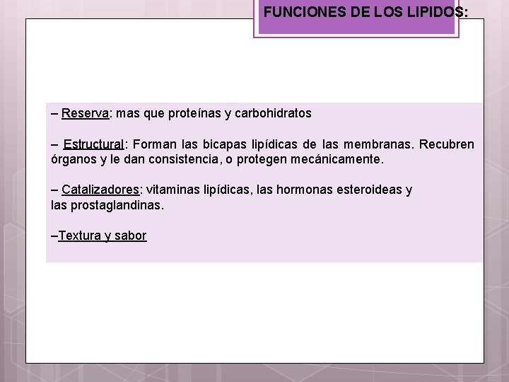 FUNCIONES DE LOS LIPIDOS: – Reserva: mas que proteínas y carbohidratos – Estructural: Forman