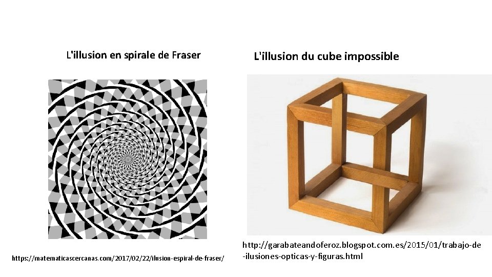  L'illusion en spirale de Fraser https: //matematicascercanas. com/2017/02/22/ilusion-espiral-de-fraser/ L'illusion du cube impossible http: