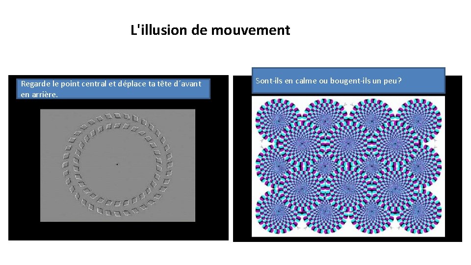 L'illusion de mouvement Regarde le point central et déplace ta tête d´avant en arrière.