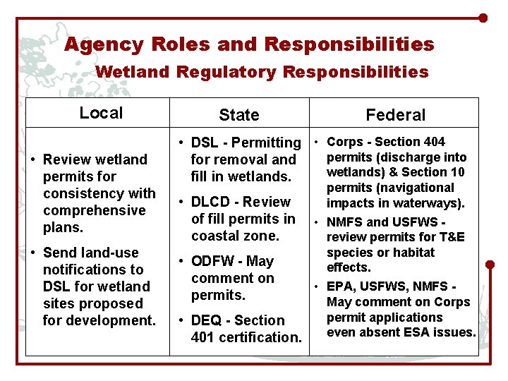 Agency Roles and Responsibilities Wetland Regulatory Responsibilities Local • Review wetland permits for consistency