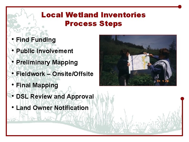 Local Wetland Inventories Process Steps • Find Funding • Public Involvement • Preliminary Mapping