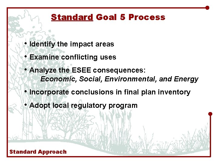 Standard Goal 5 Process • Identify the impact areas • Examine conflicting uses •