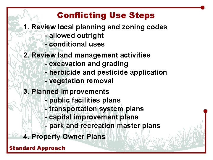 Conflicting Use Steps 1. Review local planning and zoning codes - allowed outright -