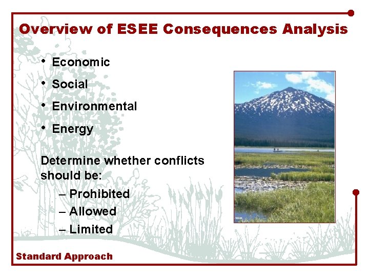 Overview of ESEE Consequences Analysis • • Economic Social Environmental Energy Determine whether conflicts
