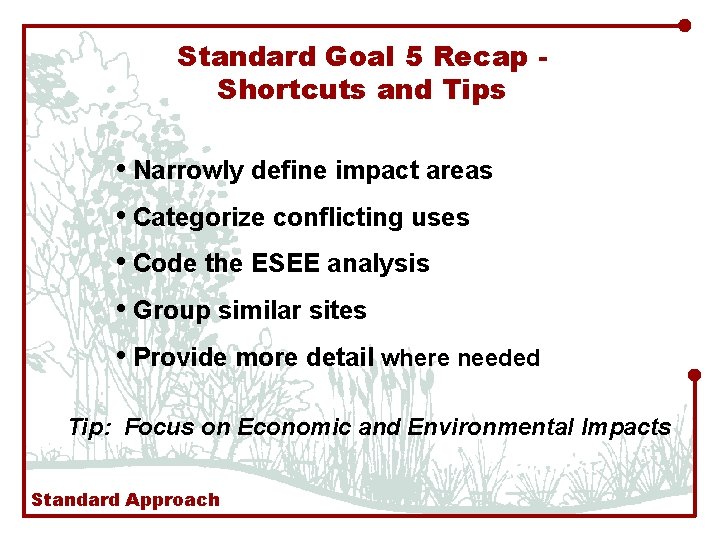 Standard Goal 5 Recap Shortcuts and Tips • Narrowly define impact areas • Categorize