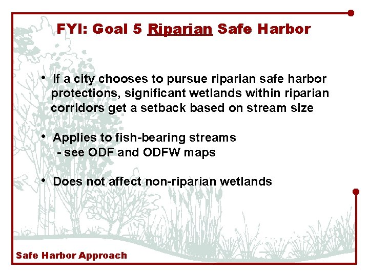 FYI: Goal 5 Riparian Safe Harbor • If a city chooses to pursue riparian