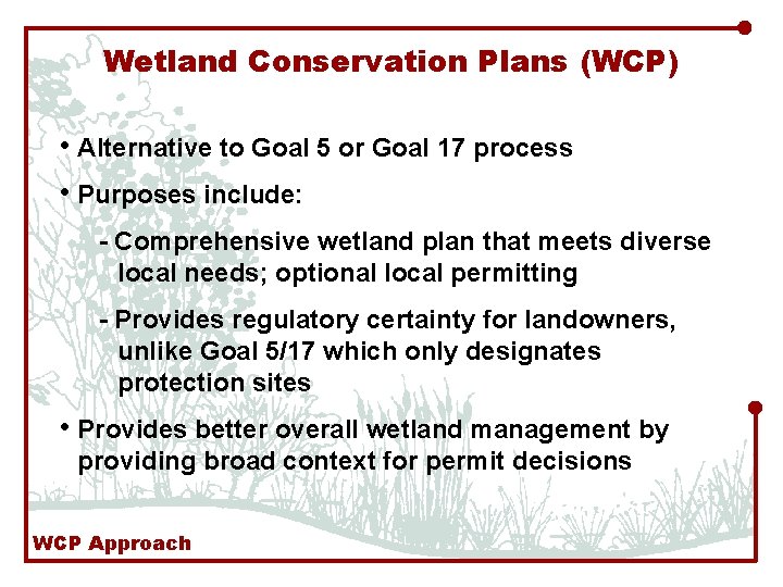 Wetland Conservation Plans (WCP) • Alternative to Goal 5 or Goal 17 process •