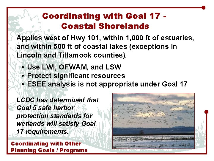 Coordinating with Goal 17 Coastal Shorelands Applies west of Hwy 101, within 1, 000