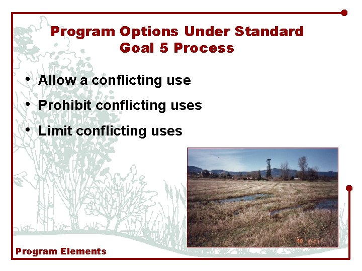 Program Options Under Standard Goal 5 Process • Allow a conflicting use • Prohibit