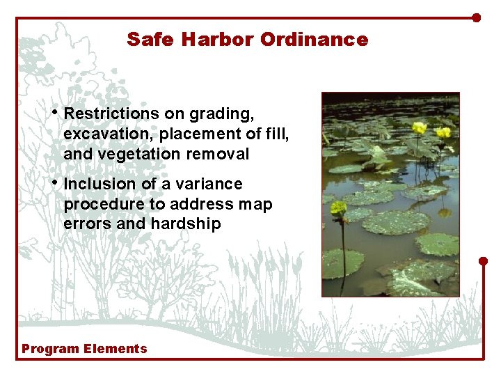 Safe Harbor Ordinance • Restrictions on grading, excavation, placement of fill, and vegetation removal