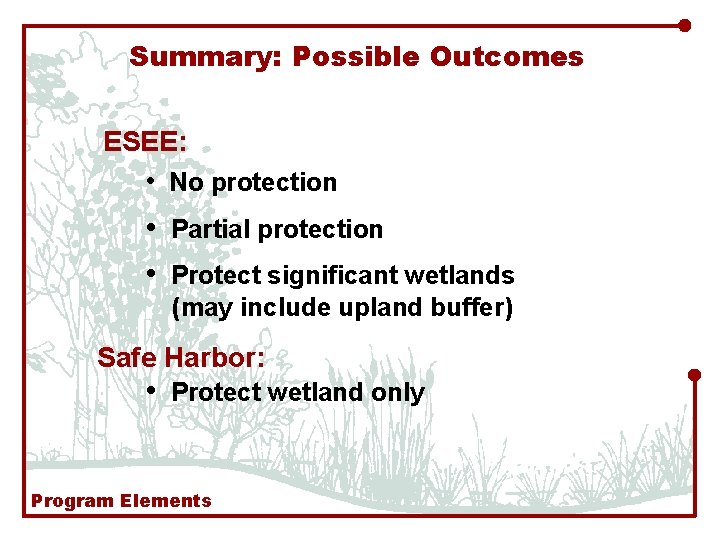 Summary: Possible Outcomes ESEE: • No protection • Partial protection • Protect significant wetlands