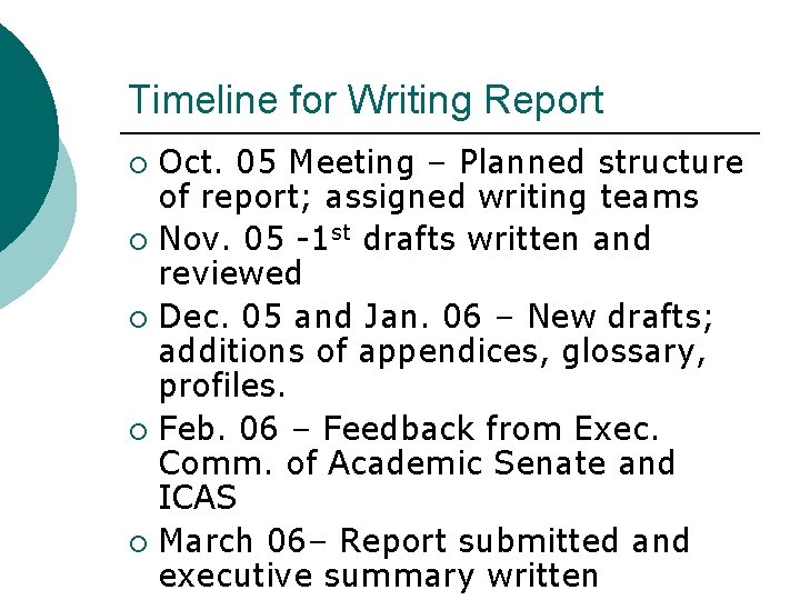 Timeline for Writing Report Oct. 05 Meeting – Planned structure of report; assigned writing